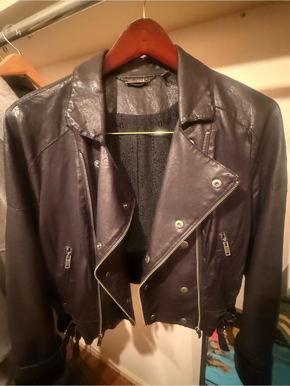 Womens black  Leather Moto Jacket with Zip Details w lace inside